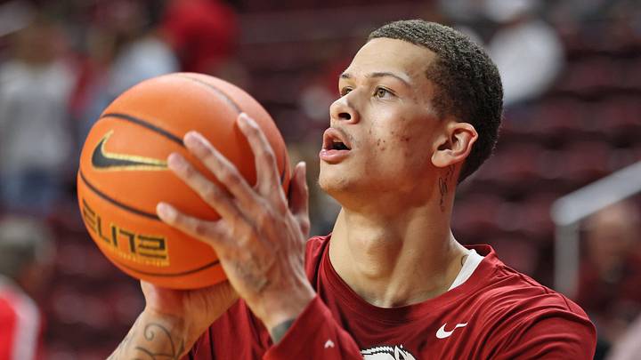 Dec 6, 2025; North Little Rock, Arkansas, USA; Arkansas Razorbacks forward Trevon Brazile warms up prior to the game against the Fresno State Bulldogs at Simmons Bank Arena. Mandatory Credit: Nelson Chenault-Imagn Images