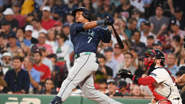 Seattle Mariners second baseman Jorge Polanco (7) hits a home run against the Boston Red Sox during the fourth inning at Fenway Park on July 30.