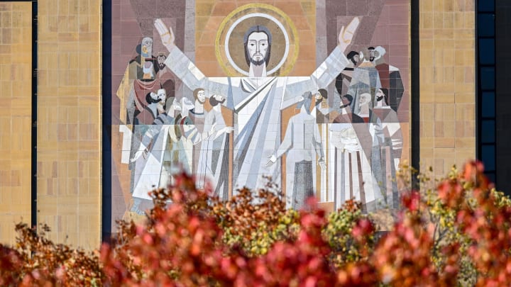 Oct 15, 2022; South Bend, Indiana, USA; A general view of the Word of Life Mural, commonly known as Touchdown Jesus, on the campus of the University of Notre Dame before the game between the Notre Dame Fighting Irish and the Stanford Cardinal at Notre Dame Stadium. Mandatory Credit: Matt Cashore-USA TODAY Sports