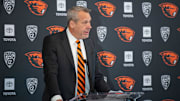Vice president and director of athletics Scott Barnes speaks about the hiring of JaMarcus Shephard as the new head coach for Oregon State football at Reser Stadium on Tuesday, Dec. 2 29, 2025, in Corvallis, Ore.