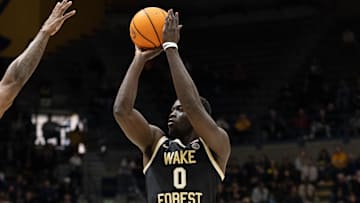 February 8, 2025; Berkeley, California, USA; Wake Forest Demon Deacons forward Omaha Biliew (0) during the second half against the California Golden Bears at Haas Pavilion.