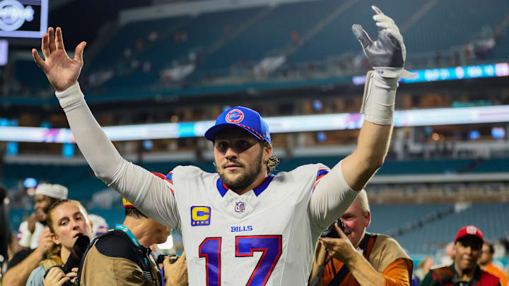 Sep 12, 2024; Miami Gardens, Florida, USA; Buffalo Bills quarterback Josh Allen (17) reacts after the game against the Miami Dolphins at Hard Rock Stadium Sep 12, 2024; Miami Gardens, Florida, USA; Buffalo Bills quarterback Josh Allen (17) reacts after the game against the Miami Dolphins at Hard Rock Stadium
