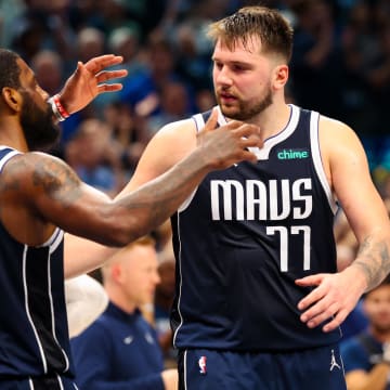 May 11, 2024; Dallas, Texas, USA; Dallas Mavericks guard Luka Doncic (77) celebrates with Dallas Mavericks guard Kyrie Irving (11) after the game against the Oklahoma City Thunder during game three of the second round for the 2024 NBA playoffs at American Airlines Center.
