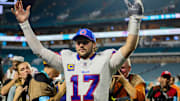 Sep 12, 2024; Miami Gardens, Florida, USA; Buffalo Bills quarterback Josh Allen (17) reacts after the game against the Miami Dolphins at Hard Rock Stadium. Mandatory Credit: Sam Navarro-Imagn Images