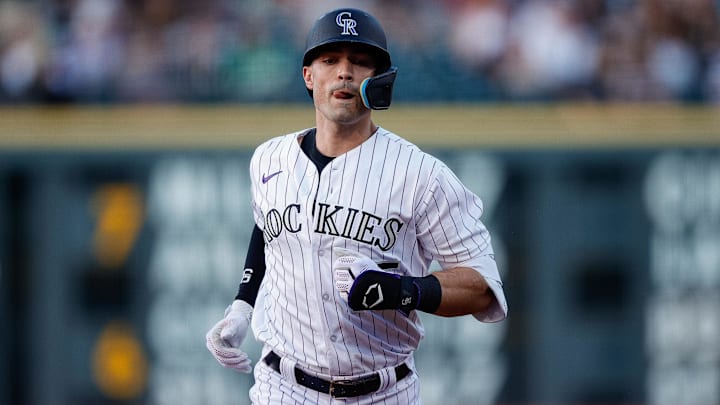 Jul 28, 2023; Denver, Colorado, USA; Colorado Rockies right fielder Randal Grichuk (15) rounds the bases on a solo home run in the fourth inning against the Oakland Athletics at Coors Field