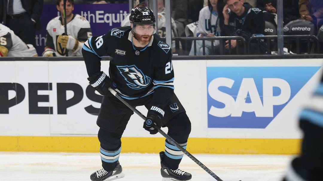 Apr 27, 2026; Salt Lake City, Utah, USA; Utah Mammoth defenseman Ian Cole (28) plays the puck against the Vegas Golden Knights during the third period in game four of the first round of the 2026 Stanley Cup Playoffs at Delta Center. Mandatory Credit: Rob Gray-Imagn Images