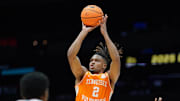 Mar 30, 2025; Indianapolis, IN, USA; Tennessee Volunteers guard Chaz Lanier (2) shoots the ball against the Houston Cougars in the first half during the Midwest Regional final of the 2025 NCAA tournament at Lucas Oil Stadium. Mandatory Credit: Robert Goddin-Imagn Images