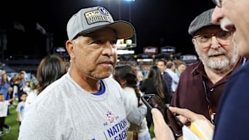 Oct 20, 2024; Los Angeles, California, USA; Los Angeles Dodgers manager Dave Roberts (30) is interviewed after the Los Angeles Dodgers beat the New York Mets in game six of the NLCS for the 2024 MLB playoffs at Dodger Stadium. Mandatory Credit: Kiyoshi Mio-Imagn Images