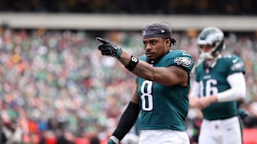 Jan 26, 2025; Philadelphia, PA, USA; Philadelphia Eagles safety C.J. Gardner-Johnson (8) gestures before the NFC Championship game at Lincoln Financial Field. Mandatory Credit: Bill Streicher-Imagn Images
