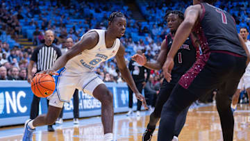 Nov 14, 2025; Chapel Hill, North Carolina, USA; North Carolina Tar Heels forward Caleb Wilson (8) drives to the basket against the North Carolina Central Eagles in the second half at Dean E. Smith Center. Mandatory Credit: Scott Kinser-Imagn Images
