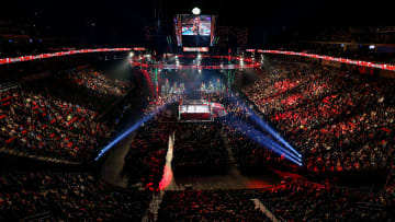 A full house watches the excitement of \"WWE Monday Night Raw\" at Wells Fargo Arena in Des Moines.