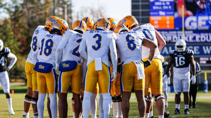 Nov 25, 2023; Durham, North Carolina, USA; Pittsburgh Panthers huddle during the second half of the game against Duke Blue Devils at Wallace Wade Stadium. Mandatory Credit: Jaylynn Nash-USA TODAY Sports