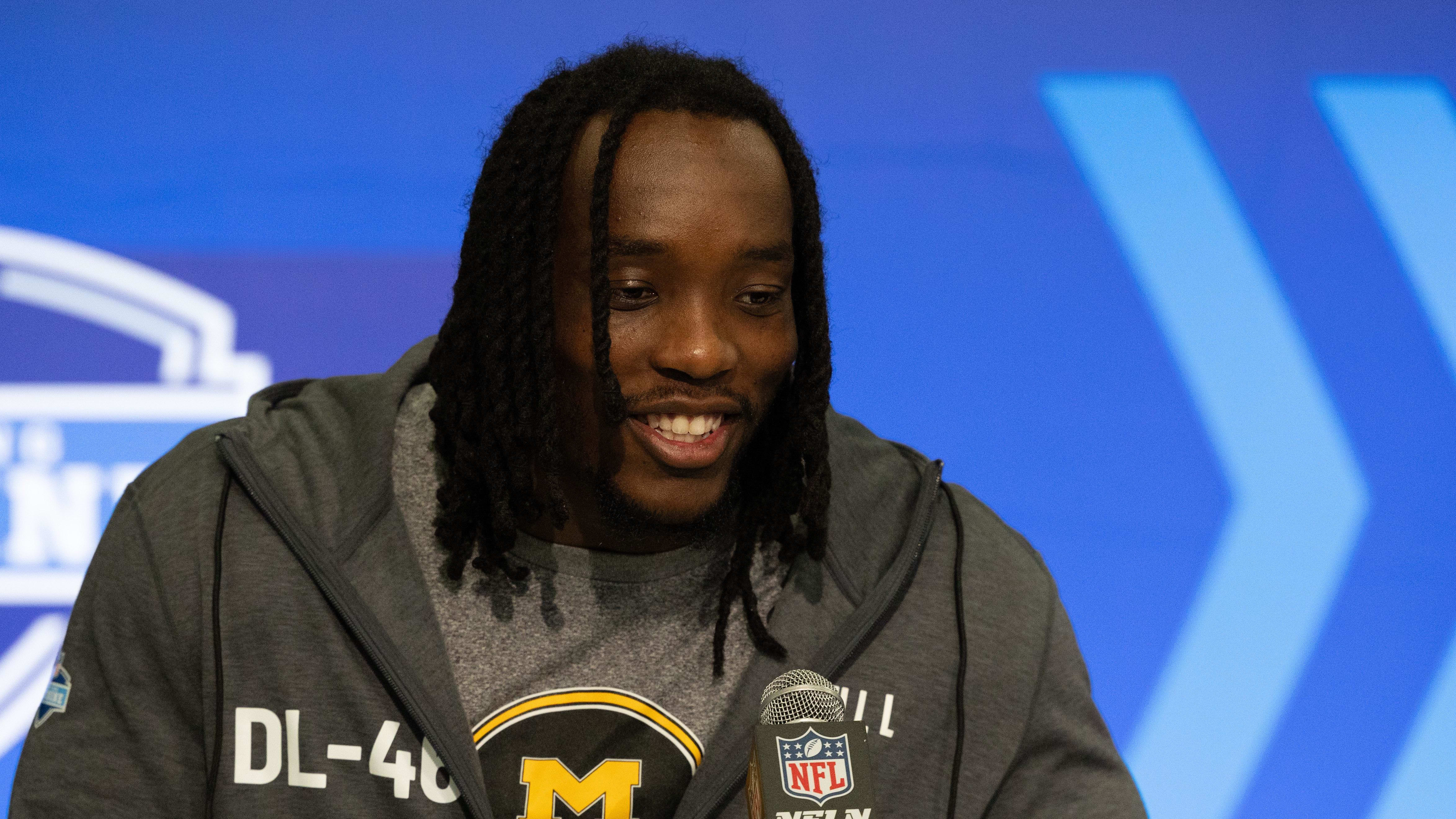 Missouri defensive lineman Darius Robinson (DL46)  talks to the media at the NFL Scouting Combine.