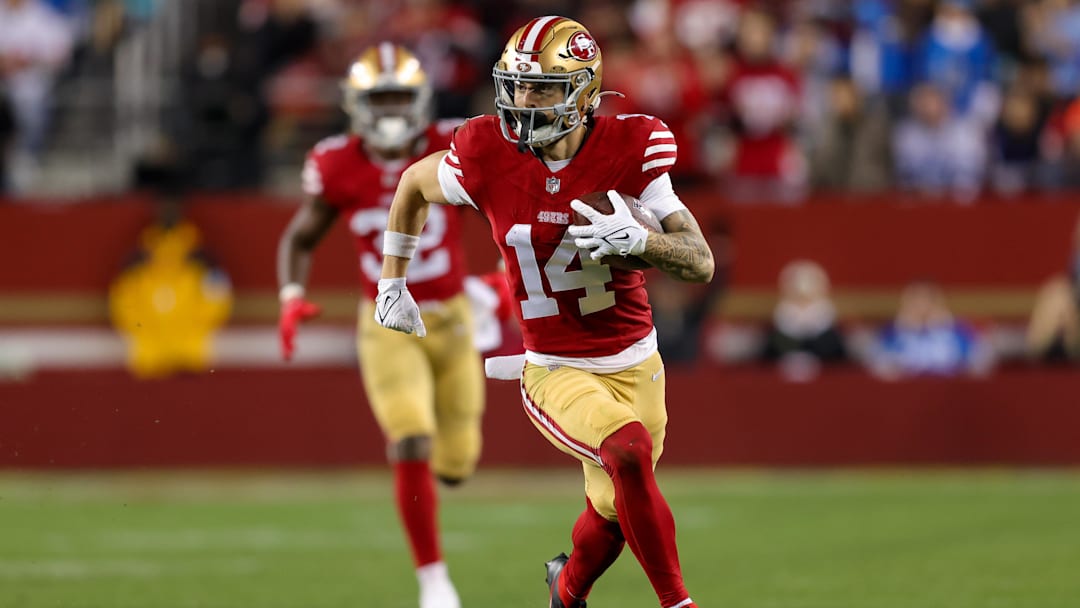 Dec 30, 2024; Santa Clara, California, USA; San Francisco 49ers wide receiver Ricky Pearsall (14) during the game against the Detroit Lions at Levi's Stadium.