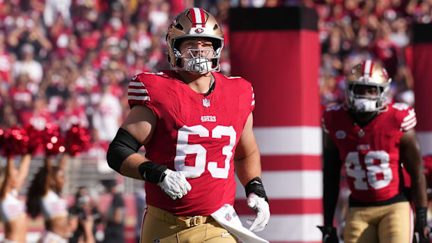 San Francisco 49ers offensive tackle Nick Zakelj (63) before the game against the New York Jets.