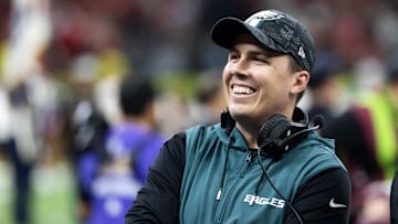 Feb 9, 2025; New Orleans, LA, USA;  Philadelphia Eagles offensive coordinator Kellen Moore against the Kansas City Chiefs during Super Bowl LIX at Ceasars Superdome. Mandatory Credit: Mark J. Rebilas-Imagn Images