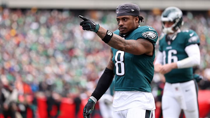 Jan 26, 2025; Philadelphia, PA, USA; Philadelphia Eagles safety C.J. Gardner-Johnson (8) gestures before the NFC Championship game at Lincoln Financial Field.