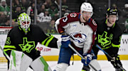 Nov 29, 2024; Dallas, Texas, USA; Dallas Stars goaltender Jake Oettinger (29) and defenseman Esa Lindell (23) and Colorado Avalanche right wing Valeri Nichushkin (13) in action during the game between the Dallas Stars and the Colorado Avalanche at American Airlines Center. Mandatory Credit: Jerome Miron-Imagn Images