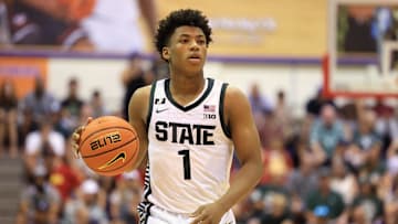Nov 25, 2024; Lahaina, Hawaii, USA;  Michigan State Spartans guard Jeremy Fears Jr. (1) in action against the Colorado Buffaloes in the second half of an NCAA college basketball game at Lahaina Civic Center. Mandatory Credit: Marco Garcia-Imagn Images