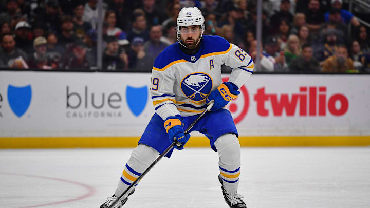 Mar 21, 2026; Los Angeles, California, USA; Buffalo Sabres right wing Alex Tuch (89) controls the puck against the Los Angeles Kings during the second period at Crypto.com Arena. Mandatory Credit: Gary A. Vasquez-Imagn Images