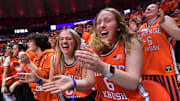Feb 25, 2025; Champaign, Illinois, USA;  The Orange Krush cheer on the Illinois Fighting Illini during the first half against the Iowa Hawkeyes at State Farm Center. Mandatory Credit: Ron Johnson-Imagn Images