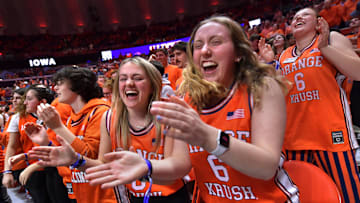 Feb 25, 2025; Champaign, Illinois, USA;  The Orange Krush cheer on the Illinois Fighting Illini during the first half against the Iowa Hawkeyes at State Farm Center. Mandatory Credit: Ron Johnson-Imagn Images