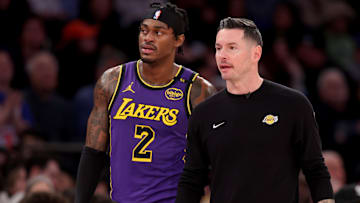 Los Angeles Lakers head coach J.J. Reddick talks to forward Jarred Vanderbilt (2) during the third quarter against the New York Knicks at Madison Square Garden.
