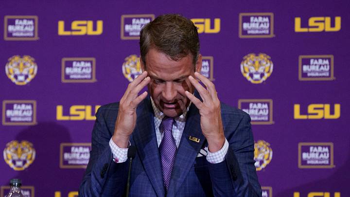 Dec 1, 2025; Baton Rouge, LA, USA; LSU new head coach Lane Kiffin speaks at South Stadium Club at Tiger Stadium. Mandatory Credit: Matthew Hinton-Imagn Images