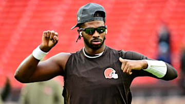 Nov 30, 2025; Cleveland, Ohio, USA;  Cleveland Browns quarterback Shedeur Sanders (12) warms up before the game against the San Francisco 49ers at Huntington Bank Field. Mandatory Credit: Ken Blaze-Imagn Images