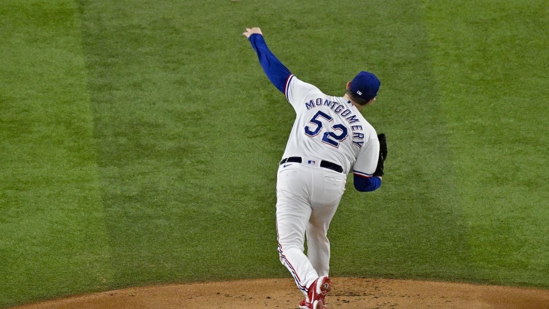 Oct 28, 2023; Arlington, Texas, USA; Texas Rangers starting pitcher Jordan Montgomery (52) pitches