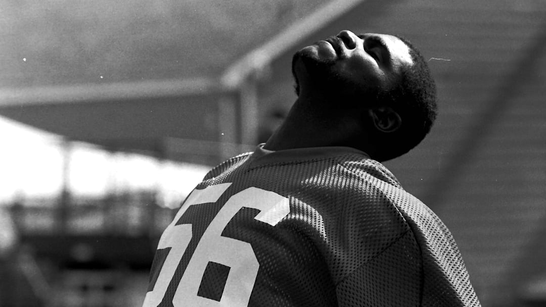 Giants linebacker Lawrence Taylor ended his three-week holdout and joined his teammates at the Giants training camp at Pace University in Pleasantville August 14, 1983. Taylor, a first-round draft choice out of North Carolina in 1981, has been an All-Pro performer his first two years in the league.