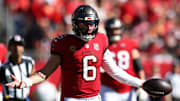 Nov 30, 2025; Tampa, Florida, USA; Tampa Bay Buccaneers quarterback Baker Mayfield (6) reacts after a play during the first half against the Arizona Cardinals at Raymond James Stadium. Mandatory Credit: Nathan Ray Seebeck-Imagn Images