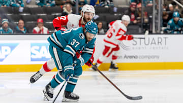 Nov 18, 2024; San Jose, California, USA; San Jose Sharks defenseman Timothy Liljegren (37) plays defense during the first period against the Detroit Red Wings at SAP Center at San Jose. Mandatory Credit: Bob Kupbens-Imagn Images