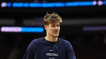 Mar 26, 2025; Newark, NJ, USA; Arizona Wildcats forward Henri Veesaar (13) warms up during a practice session in preparation for an East Regional semifinal game against the Duke Blue Devils at Prudential Center. Mandatory Credit: Vincent Carchietta-Imagn Images