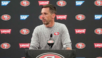 Jul 28, 2017; Santa Clara, CA, USA; San Francisco 49ers head coach Kyle Shanahan speaks to the media during a press conference after training camp at Levi s Stadium. Mandatory Credit: Stan Szeto-Imagn Images