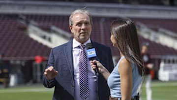 Oct 7, 2023; College Station, Texas, USA; Texas A&M Aggies head coach Jimbo Fisher is interviewed before the game against the Alabama Crimson Tide at Kyle Field. Mandatory Credit: Troy Taormina-Imagn Images