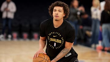 Apr 11, 2025; New York, New York, USA; Cleveland Cavaliers guard Craig Porter Jr. (9) warms up before a game against the New York Knicks at Madison Square Garden. Mandatory Credit: Brad Penner-Imagn Images