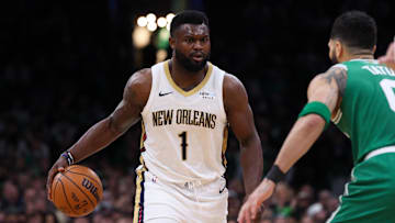Jan 12, 2025; Boston, Massachusetts, USA; New Orleans Pelicans forward Zion Williamson (1) dribbles down the court during the second half against the Boston Celtics at TD Garden. Mandatory Credit: Paul Rutherford-Imagn Images