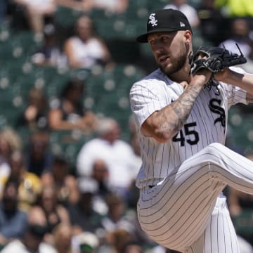 Jun 30, 2024; Chicago, Illinois, USA; Chicago White Sox pitcher Garrett Crochet (45) throws the ball against the Colorado Rockies during the first inning at Guaranteed Rate Field. Mandatory Credit: David Banks-USA TODAY Sports