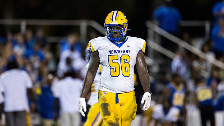 Newberry Panthers defensive tackle Jarquez Carter (56) walks to the line against the Hawthorne Hornets during the first half at Hawthorne High School Football Stadium in Hawthorne, FL on Friday, August 30, 2024. [Matt Pendleton/Gainesville Sun]