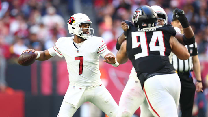 Dec 21, 2025; Glendale, Arizona, USA;  Arizona Cardinals quarterback Jacoby Brissett (7) throws from the pocket against the Atlanta Falcons during the first half at State Farm Stadium. Mandatory Credit: Mark J. Rebilas-Imagn Images