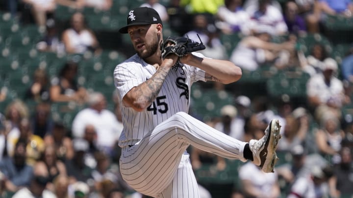 Jun 30, 2024; Chicago, Illinois, USA; Chicago White Sox pitcher Garrett Crochet (45) throws the ball against the Colorado Rockies during the first inning at Guaranteed Rate Field. Mandatory Credit: David Banks-USA TODAY Sports