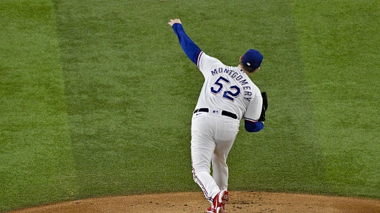 Oct 28, 2023; Arlington, Texas, USA; Texas Rangers starting pitcher Jordan Montgomery (52) pitches