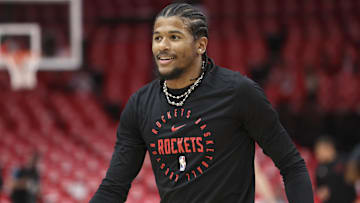 May 4, 2025; Houston, Texas, USA; Houston Rockets guard Jalen Green (4) on the court before game seven of first round for the 2025 NBA Playoffs against the Golden State Warriors at Toyota Center. Mandatory Credit: Troy Taormina-Imagn Images