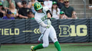Oregon infielder Drew Smith hits a single as the Oregon Ducks host the Washington Huskies on May 10, 2025, at PK Park in Eugene.