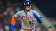 Sep 26, 2025; Miami, Florida, USA; New York Mets right fielder Juan Soto (22) runs toward third base against the Miami Marlins during the third inning at loanDepot Park. Mandatory Credit: Sam Navarro-Imagn Images