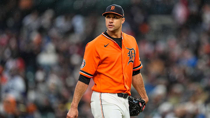 Detroit Tigers pitcher Jack Flaherty (9) walks off the field for pitching change against Texas Rangers during the fourth inning at Comerica Park in Detroit on Friday, May 1, 2026.