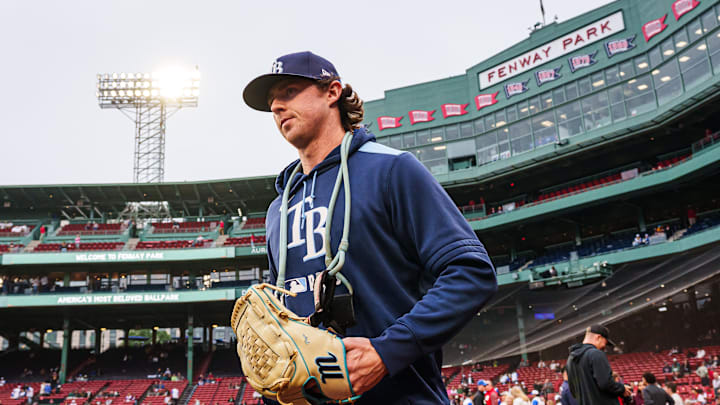 Tampa Bay Rays pitcher Ryan Pepiot (44) makes his way to the bullpen before the start of the game against the Boston Red Sox at Fenway Park. Tampa Bay Rays pitcher Ryan Pepiot (44) makes his way to the bullpen before the start of the game against the Boston Red Sox at Fenway Park.