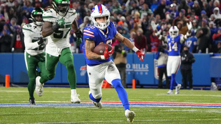 Nov 19, 2023; Orchard Park, New York, USA;  Buffalo Bills wide receiver Khalil Shakir (10) runs with the ball for a touchdown after making a catch against the New York Jetsduring the second half at Highmark Stadium. Mandatory Credit: Gregory Fisher-USA TODAY Sports