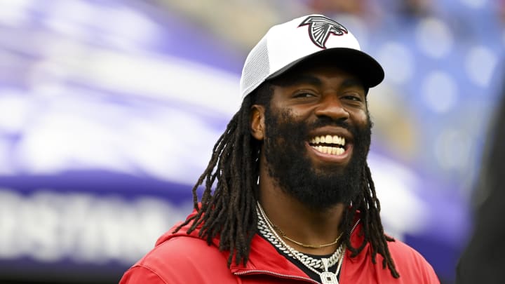 Aug 17, 2024; Baltimore, Maryland, USA;  Atlanta Falcons linebacker Matthew Judon stands on the field before a preseason game against the Baltimore Ravens at M&T Bank Stadium. Mandatory Credit: Tommy Gilligan-USA TODAY Sports